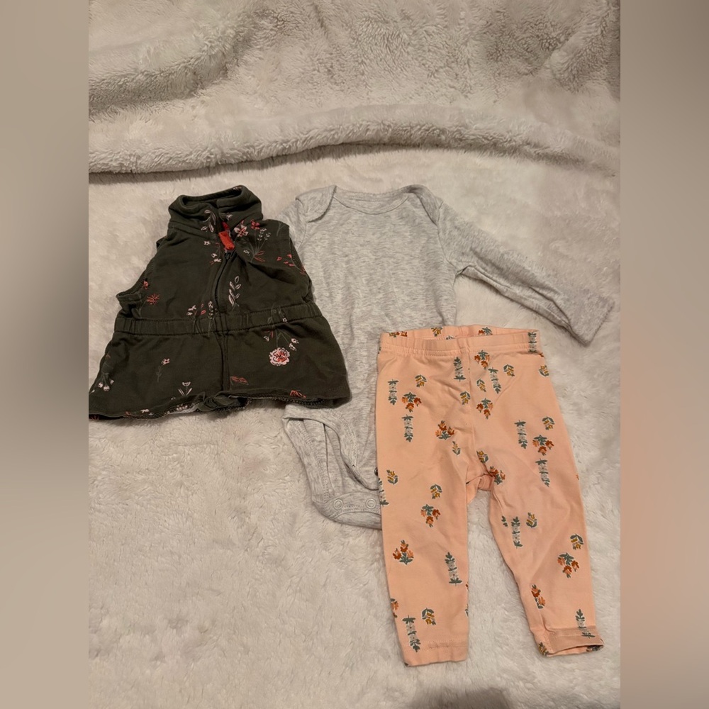 Carter's Olive Floral Hooded Zip vest with coordinating onsie & leggings